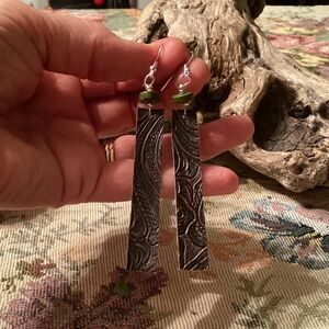 Handcrafted Brown Texturized Embossed Faux Leather Turquoise Earrings